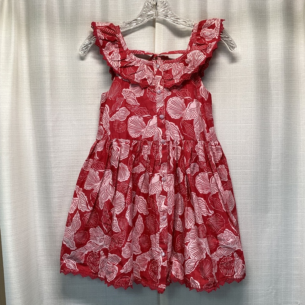Calypso St Barth Kids Red Seashell Print Cotton Ruffle Dress Size 7 School